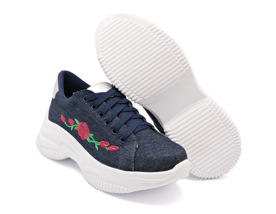 Tênis Chunky Sola Alta Casual Bordado Dk Shoes Jeans Escuro