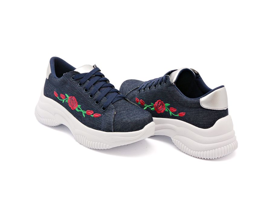 Tênis Chunky Sola Alta Casual Bordado Dk Shoes Jeans Escuro