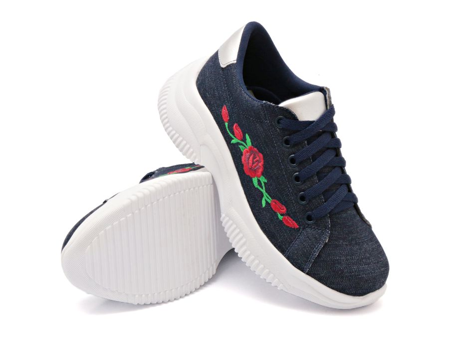 Tênis Chunky Sola Alta Casual Bordado Dk Shoes Jeans Escuro