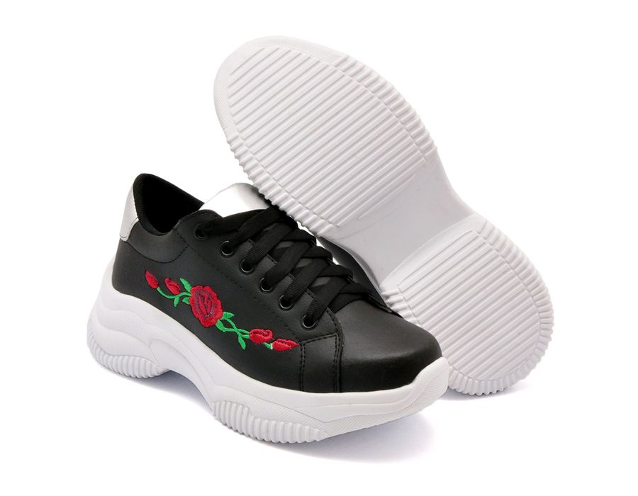 Tênis Chunky Sola Alta Casual Bordado Dk Shoes Jeans Preto