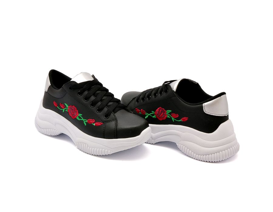 Tênis Chunky Sola Alta Casual Bordado Dk Shoes Jeans Preto