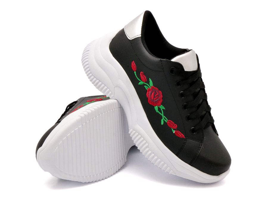 Tênis Chunky Sola Alta Casual Bordado Dk Shoes Jeans Preto