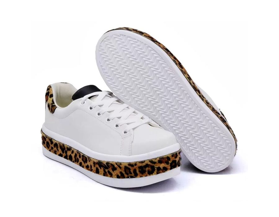 Tênis Meninas Casual Dk shoes Onça Flat Form Calçados Branco Onça