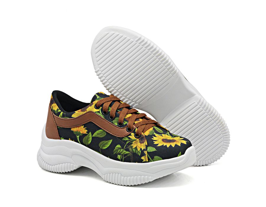 Tênis DK Shoes Casual Chunky Estampa Girassol Preto Caramelo