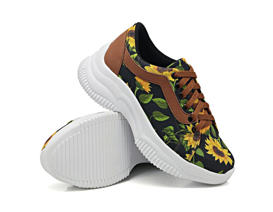 Tênis DK Shoes Casual Chunky Estampa Girassol Preto Caramelo