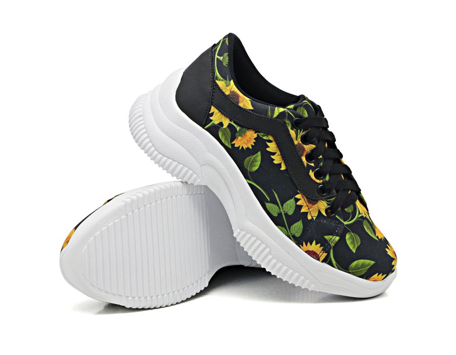 Tênis DK Shoes Casual Chunky Estampa Girassol Preto