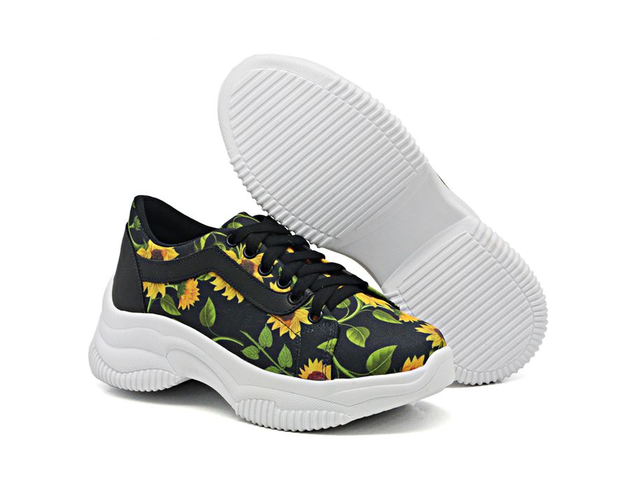 Tênis DK Shoes Casual Chunky Estampa Girassol Preto