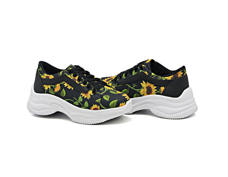 Tênis DK Shoes Casual Chunky Estampa Girassol Preto