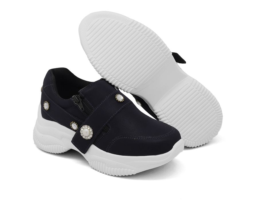 Tênis Casual Chunky Ziper detalhe Pedrarias DK Shoes Preto