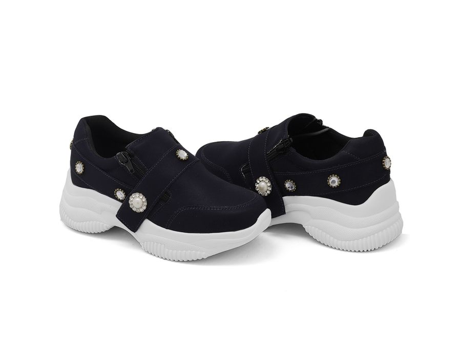 Tênis Casual Chunky Ziper detalhe Pedrarias DK Shoes Preto