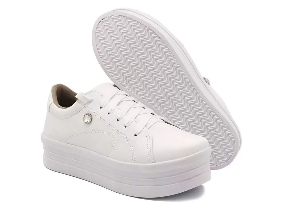 Tênis Dia A Dia Plataforma Cadarços Strass Detalhes em Costura DK Shoes Branco