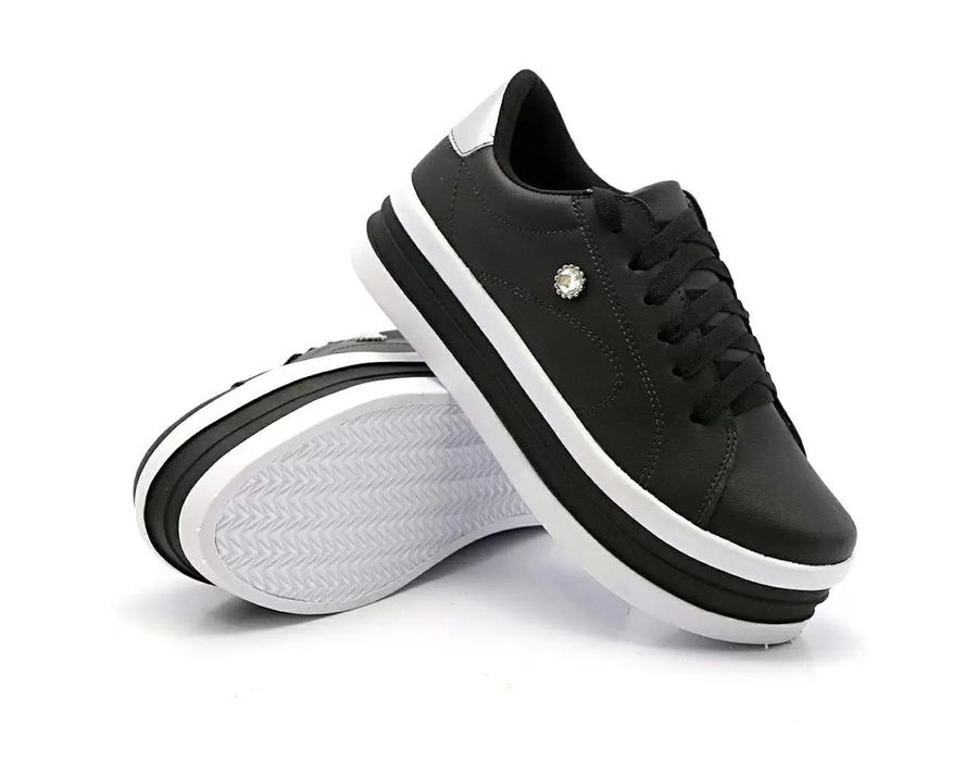 Tênis Dia A Dia Plataforma Cadarços Strass DK Shoes Preto