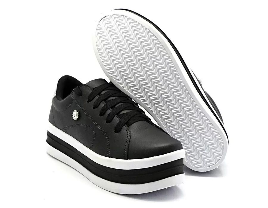 Tênis Dia A Dia Plataforma Cadarços Strass DK Shoes Preto