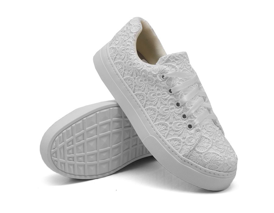 Tênis Feminino Noiva Detalhe Renda Guipir Sola Baixa Branco