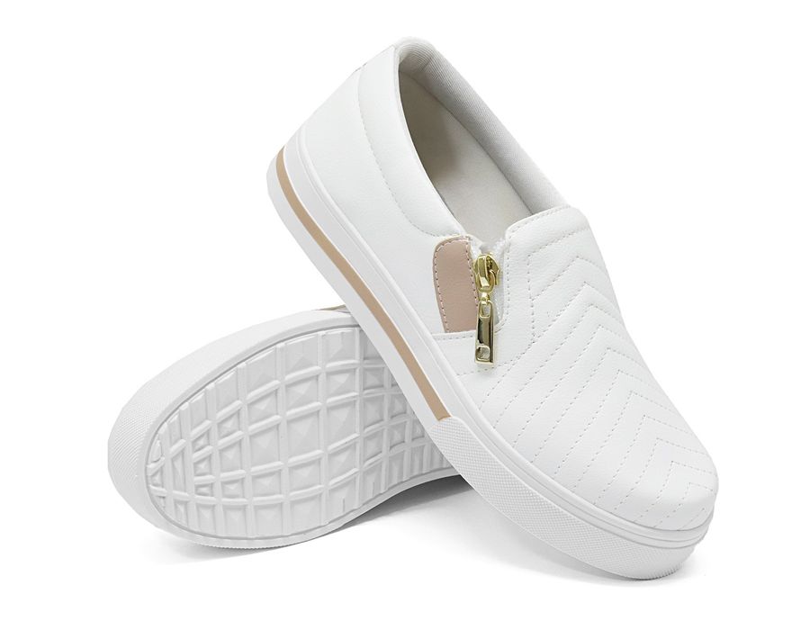 Slip On Feminina Zíper Calce Facil Sola Baixo Dk Shoes Branco Rose