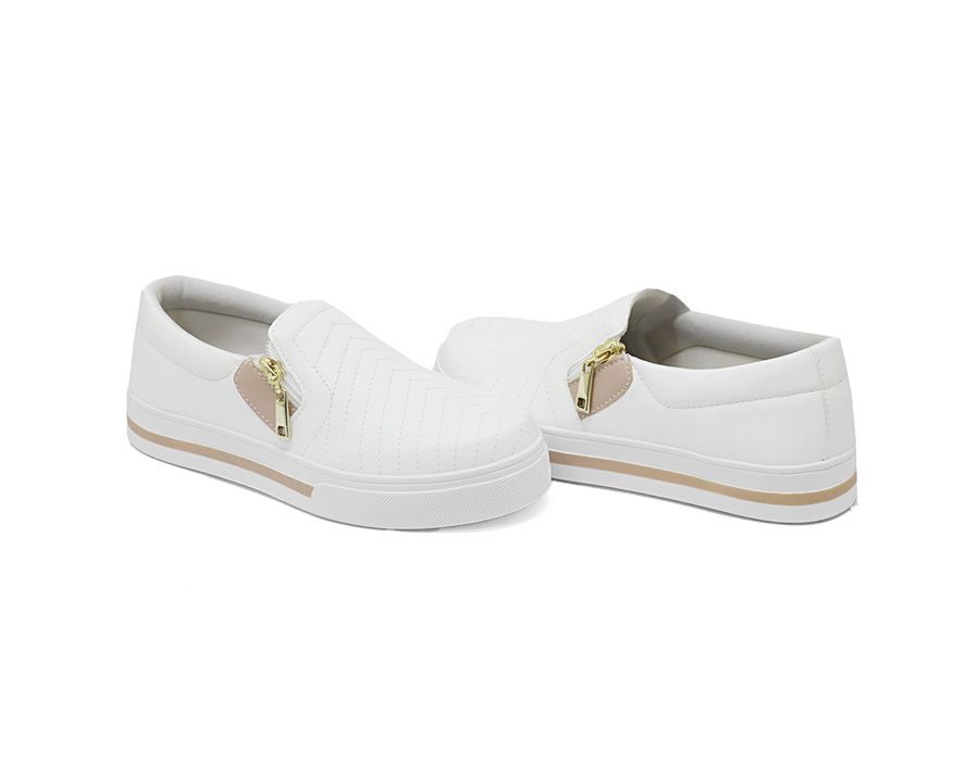 Slip On Feminina Zíper Calce Facil Sola Baixo Dk Shoes Branco Rose