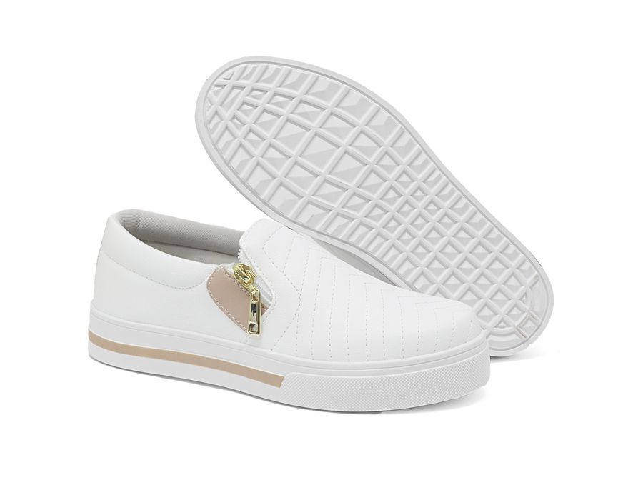 Slip On Feminina Zíper Calce Facil Sola Baixo Dk Shoes Branco Rose