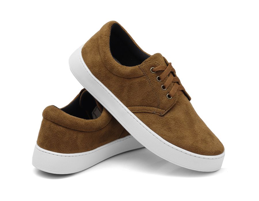 Tênis Casual Masculino Camurça com Cadarço Elástico Palmilha EVA Castanho