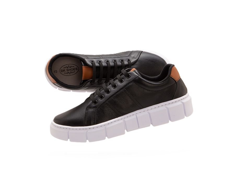 Tênis Masculino Couro Legítimo Camurcina Casual Confortável Cadarço Elástico Preto