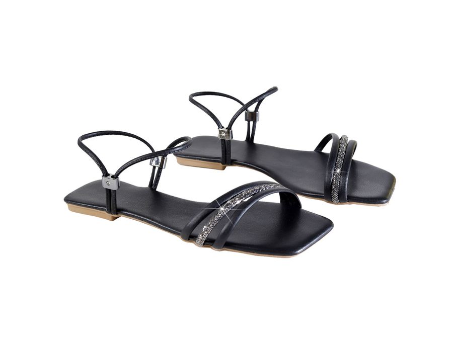 Sandália Rasteira Feminina Casual com Tiras e Ajuste Preto