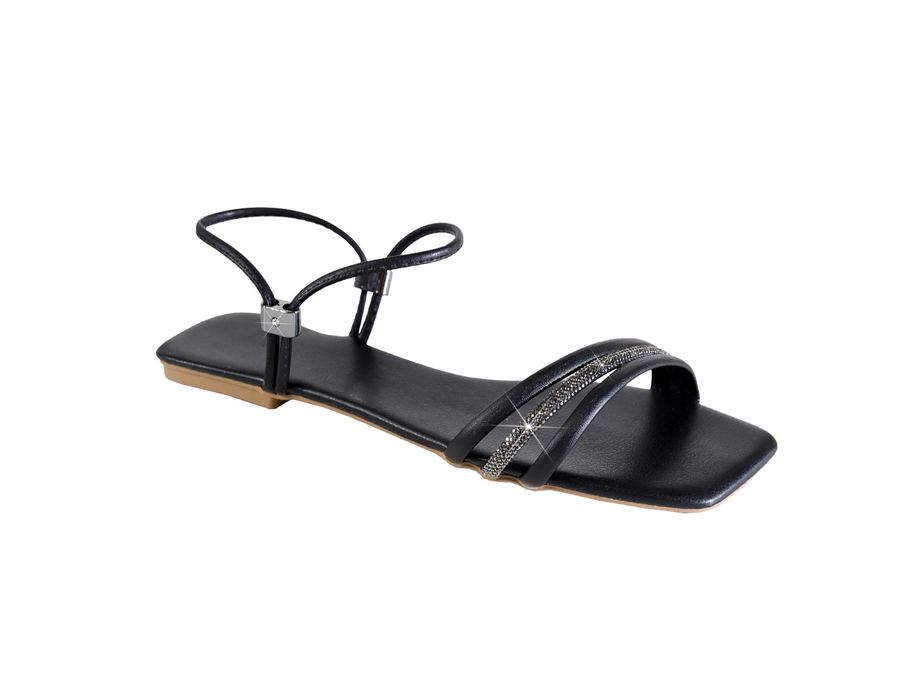 Sandália Rasteira Feminina Casual com Tiras e Ajuste Preto