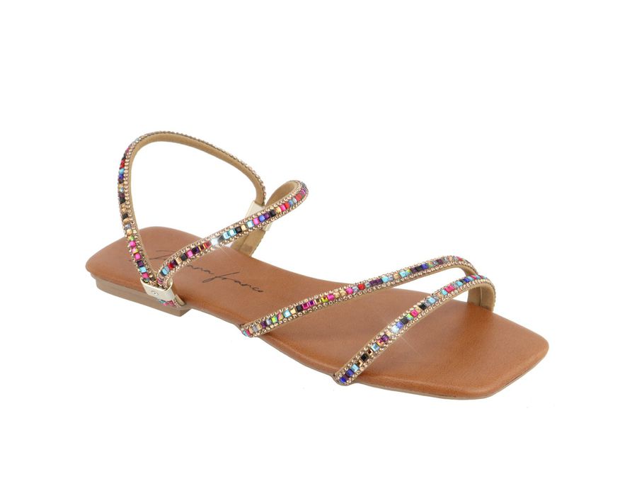 Sandália Rasteira Feminina Casual com Tiras E Pedras Delicadas Castanho