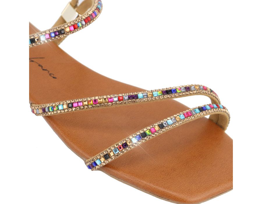 Sandália Rasteira Feminina Casual com Tiras E Pedras Delicadas Castanho