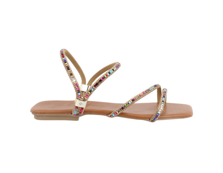 Sandália Rasteira Feminina Casual com Tiras E Pedras Delicadas Castanho