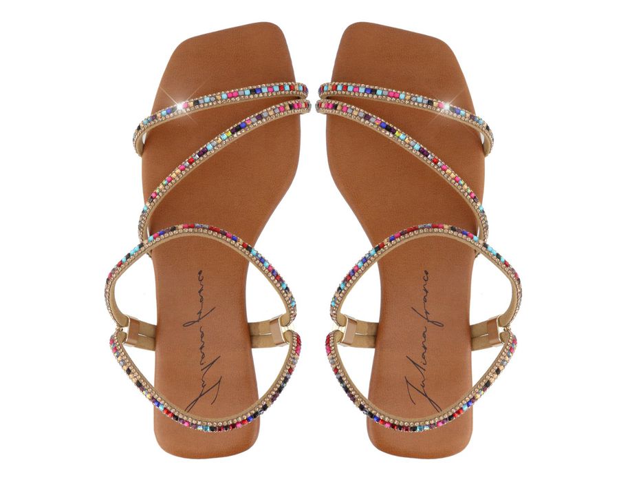 Sandália Rasteira Feminina Casual com Tiras E Pedras Delicadas Castanho