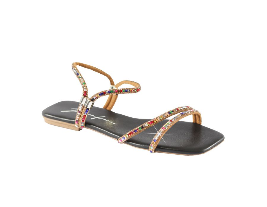 Sandália Rasteira Feminina Casual com Tiras E Pedras Delicadas Preto