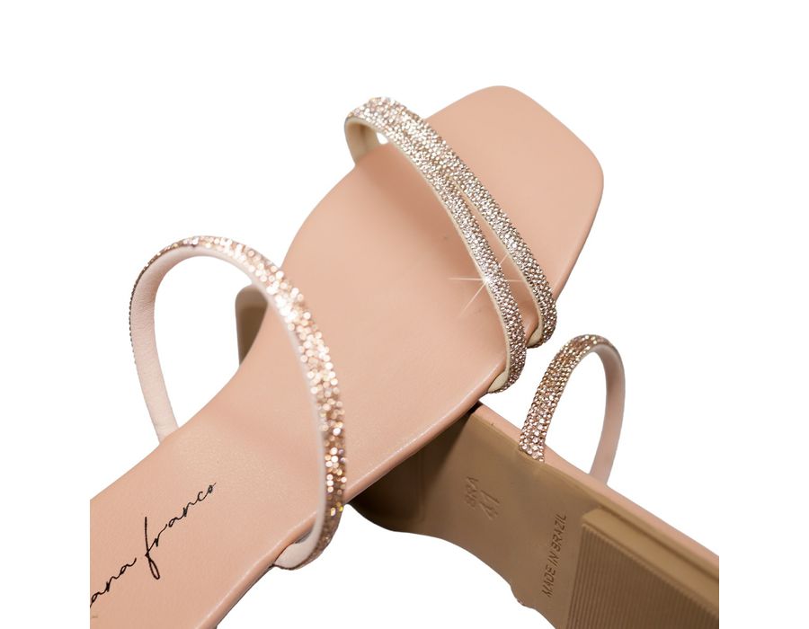 Sandália Rasteira Feminina Casual com Tiras Duas Delicadas com Brilho Nude