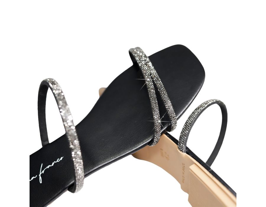 Sandália Rasteira Feminina Casual com Tiras Duas Delicadas com Brilho Preto