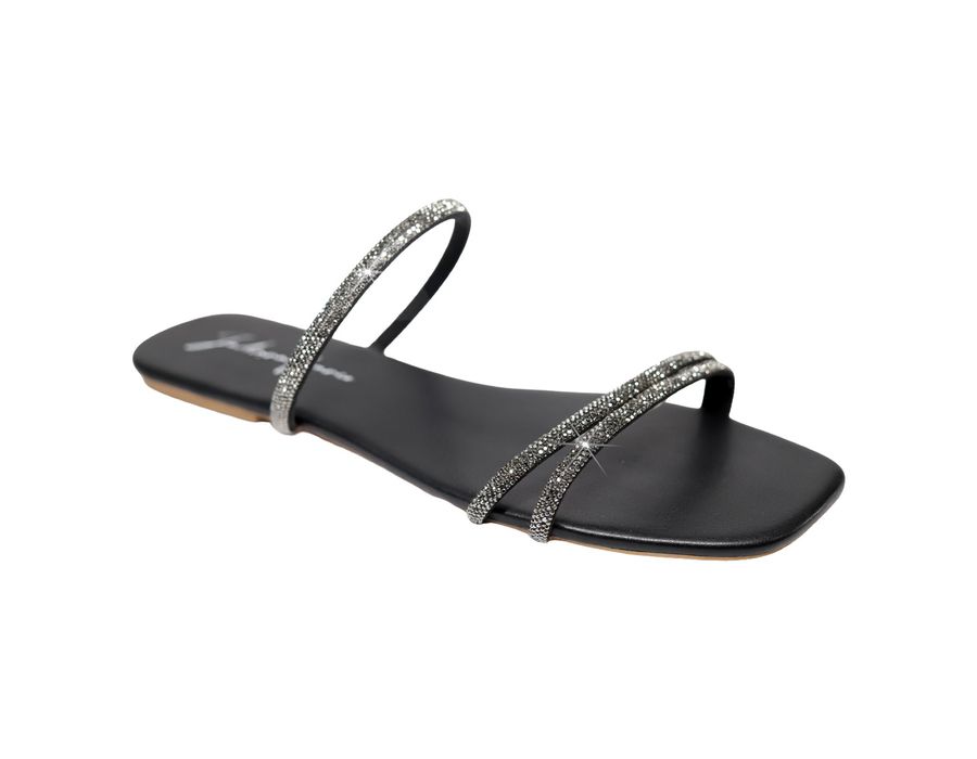 Sandália Rasteira Feminina Casual com Tiras Duas Delicadas com Brilho Preto