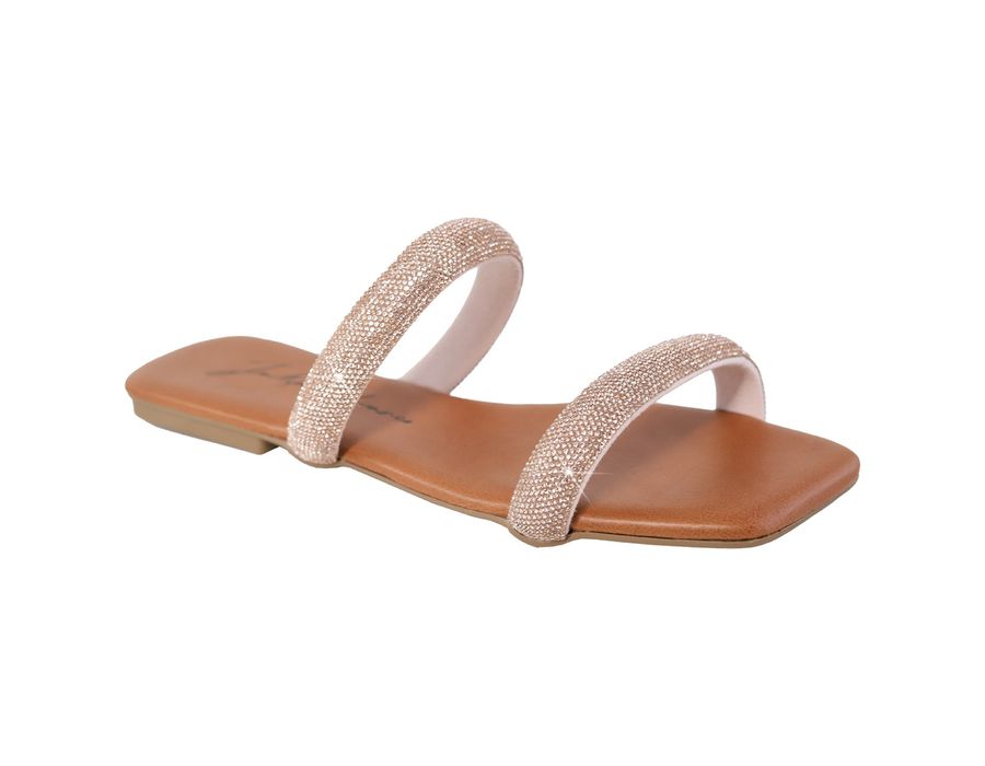 Sandália Rasteira Feminina com Tiras Delicadas e com Brilho Caramelo