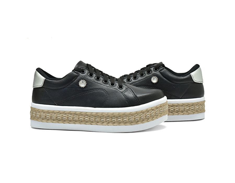 Tênis Plataforma Strass DK Shoes Jeans claro Corda Sisal