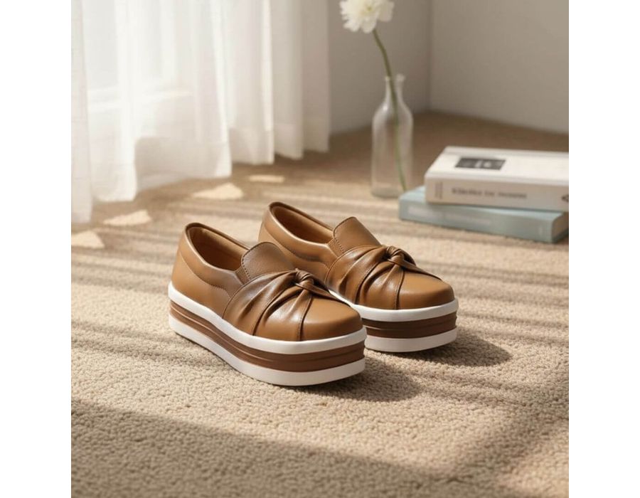 Tênis Slip On Calce Facil Nó Frontal Sola Alta Caramelo