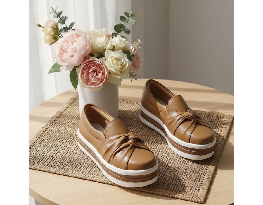 Tênis Slip On Calce Facil Nó Frontal Sola Alta Caramelo