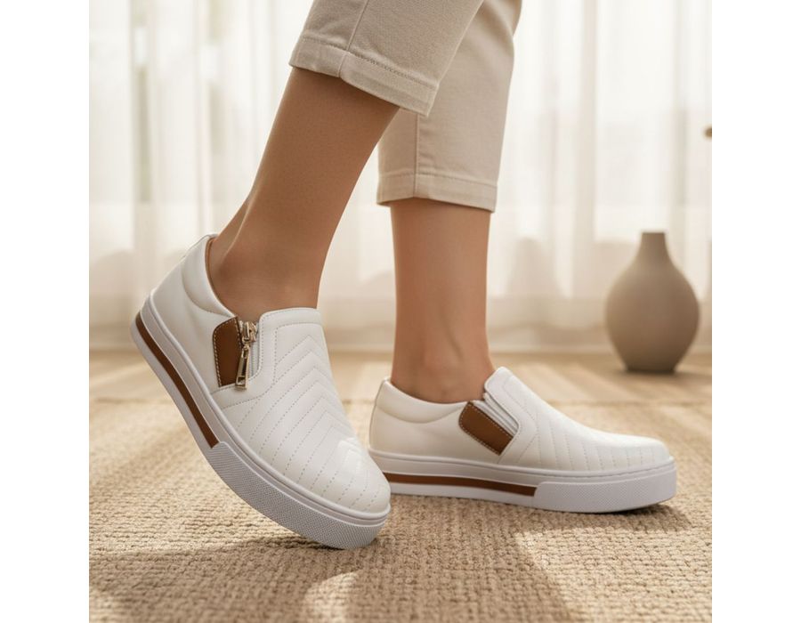 Tênis Slip On Zíper Iate Costura Frontal Calce Fácil Dk Shoes Branco