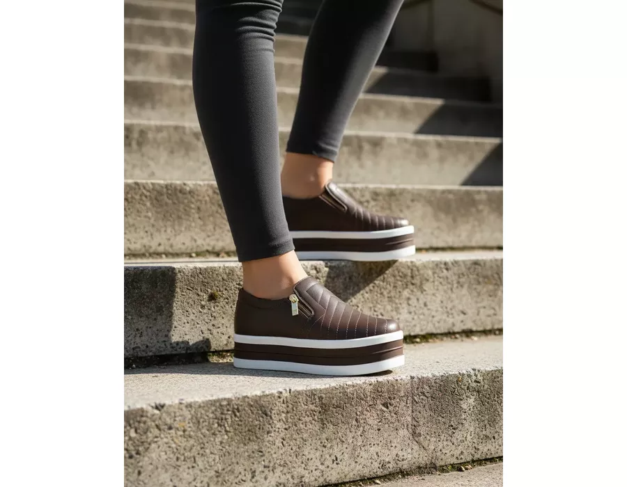 Tênis Slip On Calce Fácil Dk Sola Ana Bela Fecho em Zíper Marron