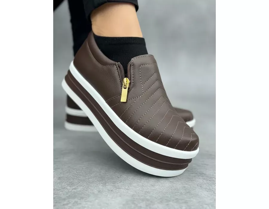Tênis Slip On Calce Fácil Dk Sola Ana Bela Fecho em Zíper Marron