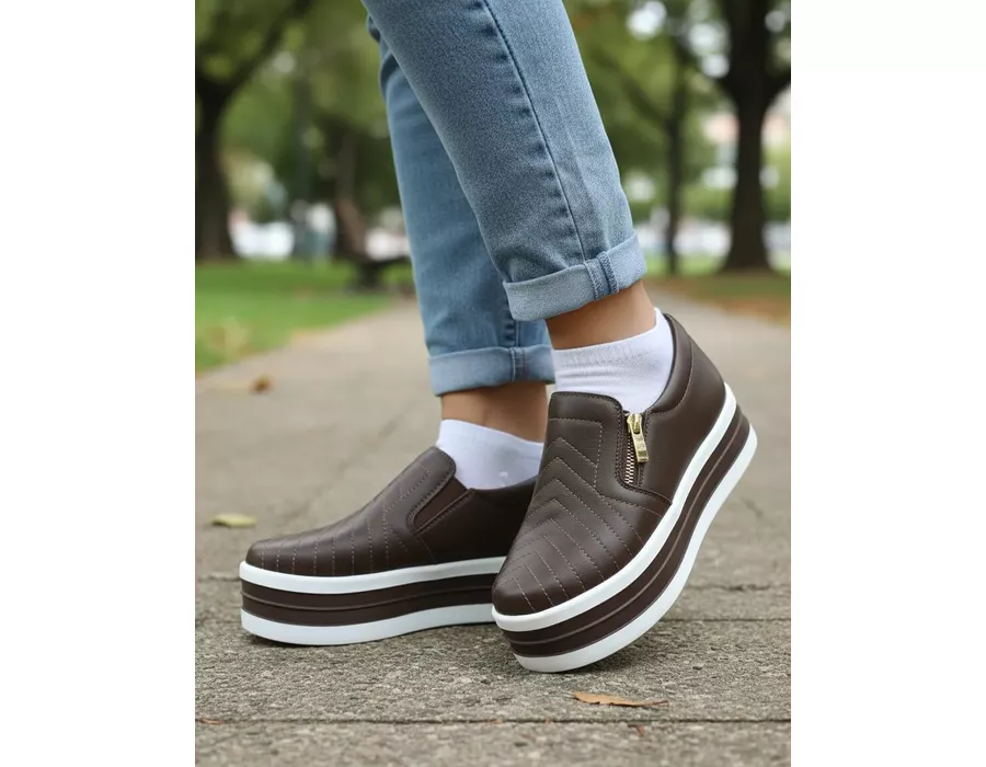 Tênis Slip On Calce Fácil Dk Sola Ana Bela Fecho em Zíper Marron