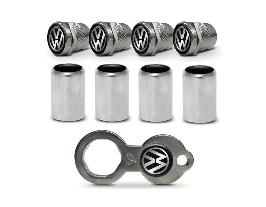Kit Capa de Válvula Antifurto VW – Tampa de Bico Cromada com Emblema e Chave de Segurança