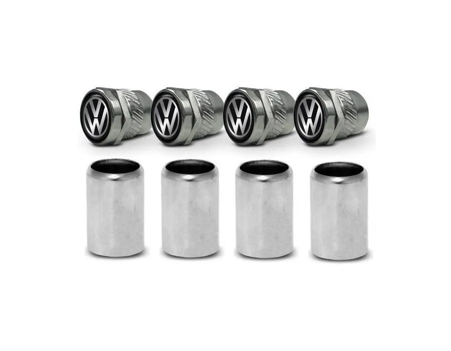 Kit Capa de Válvula Antifurto VW – Tampa de Bico Cromada com Emblema e Chave de Segurança