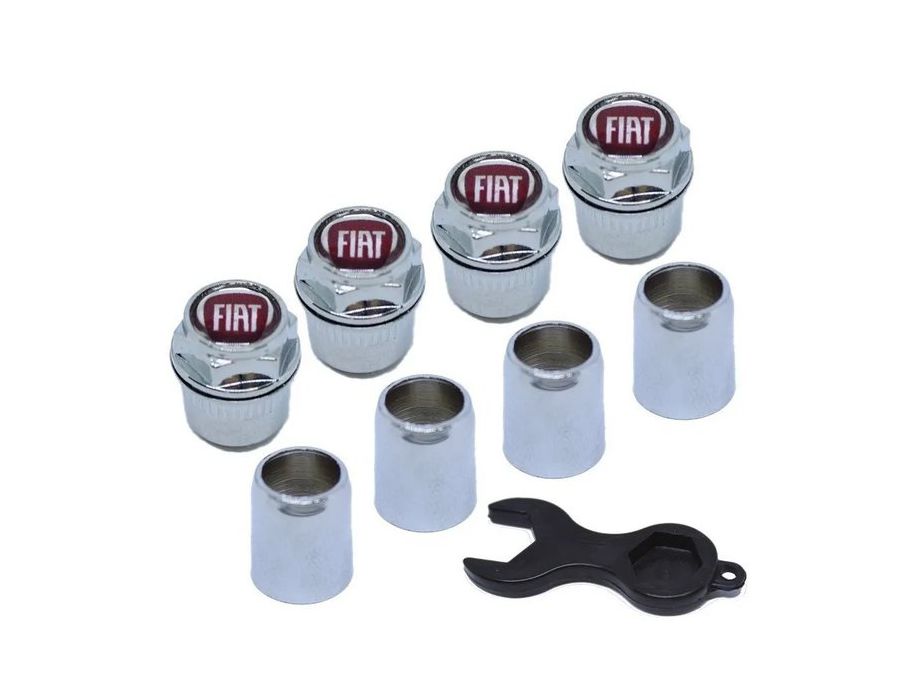 Kit Capa de Válvula Antifurto Fiat Vermelho – Tampas de Bico Cromadas com Emblema e Chave de Segurança