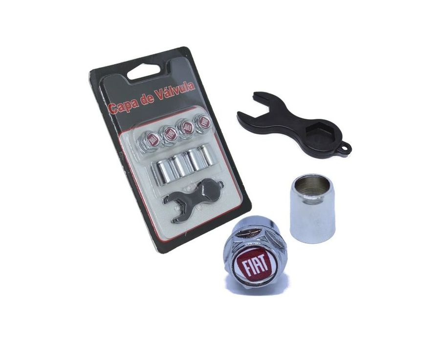 Kit Capa de Válvula Antifurto Fiat Vermelho – Tampas de Bico Cromadas com Emblema e Chave de Segurança