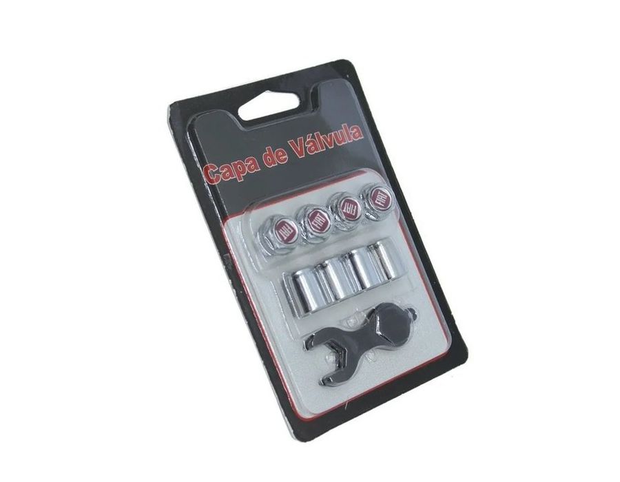 Kit Capa de Válvula Antifurto Fiat Vermelho – Tampas de Bico Cromadas com Emblema e Chave de Segurança