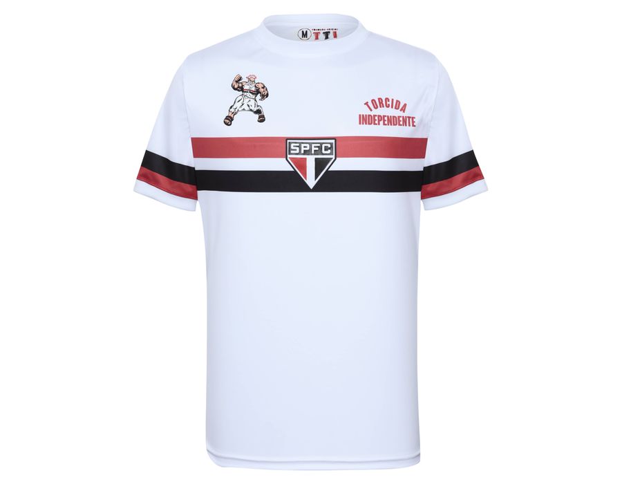 Camiseta Branca com Faixa Vermelha e Preta e Estampa do Santo Paulo