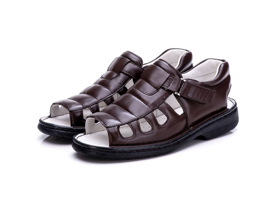 Sandália Masculina Bico Aberto Total Comfort Couro de Carneiro Café com Palmilha de Gel Antiestresse