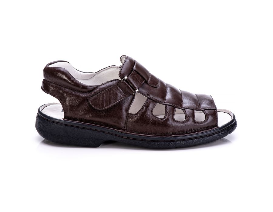 Sandália Masculina Bico Aberto Total Comfort Couro de Carneiro Café com Palmilha de Gel Antiestresse