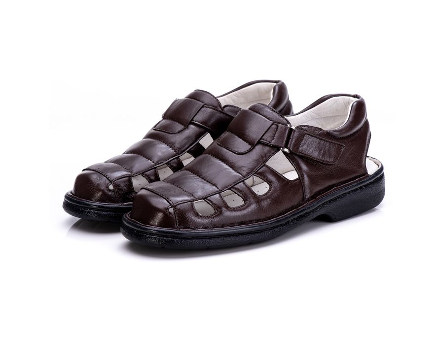 Sandália Masculina Bico Fechado Total Comfort Couro de Carneiro Café com Palmilha de Gel Antiestresse